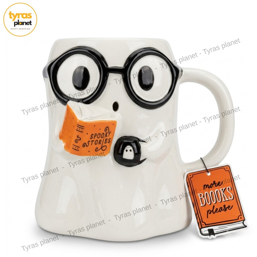 SUNDAY MORNING Book Lover Halloween Nerdy Ghost Reading a Book Mug‎ NWT